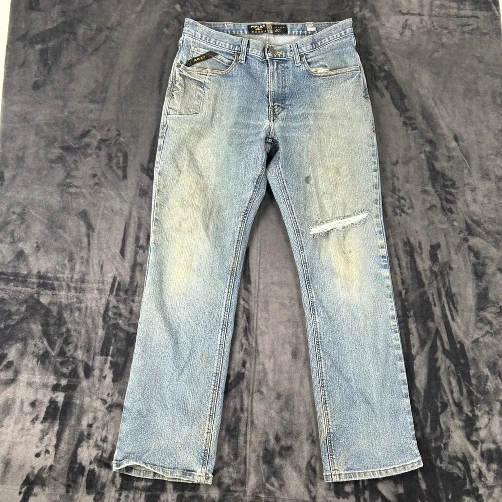 Ariat Rebar M4 Relaxed Boot Jeans Mens 33x32 Blue Light Wash Distressed Workwear